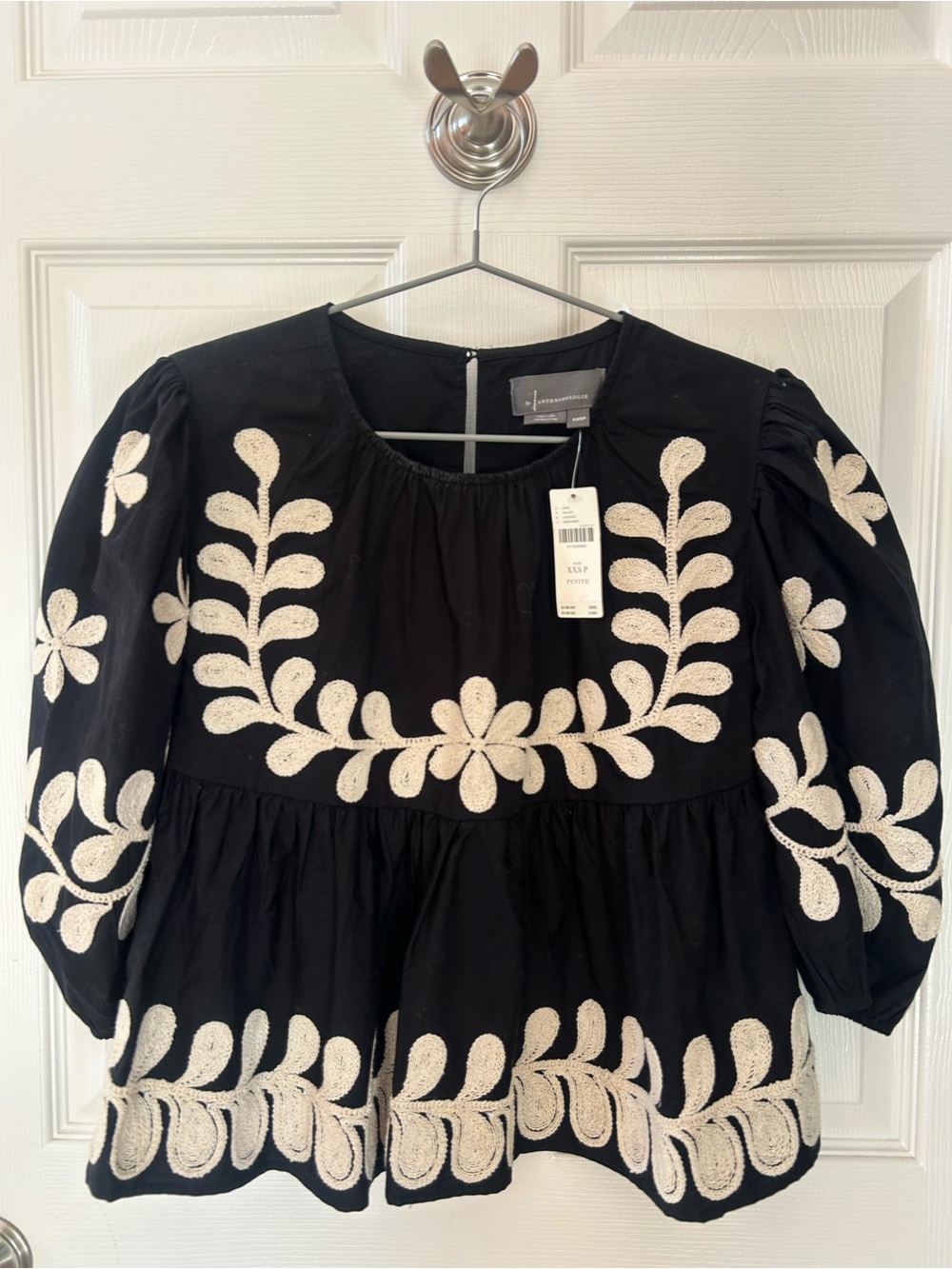 Anthropologie Black Embroidered Peasant Blouse with Cream Floral Detail